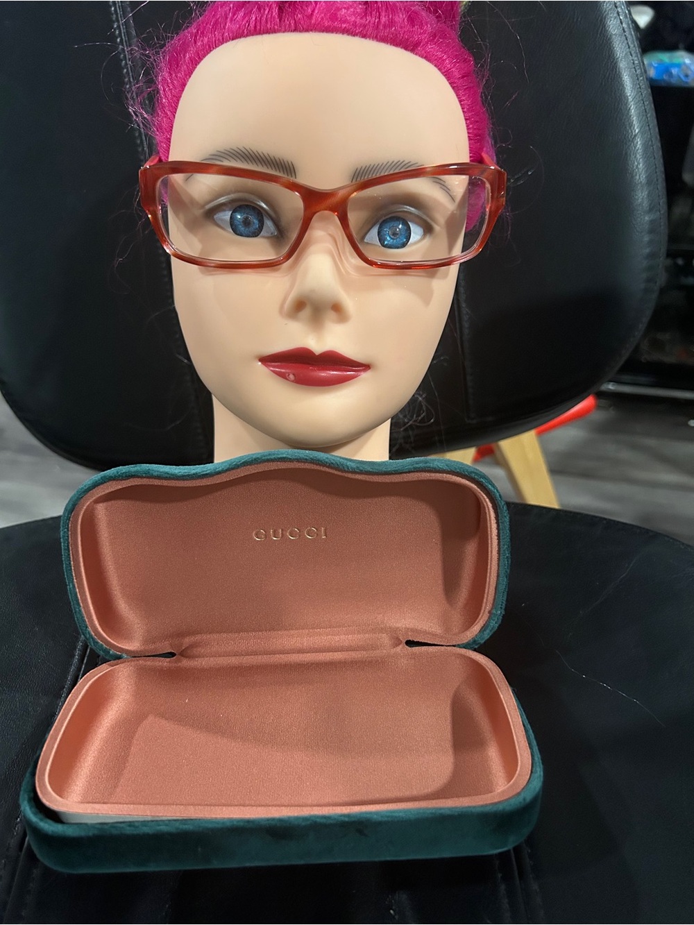 Gucci Women's Eyeglass Case in Teal Velvet with Rose Interior clear lens